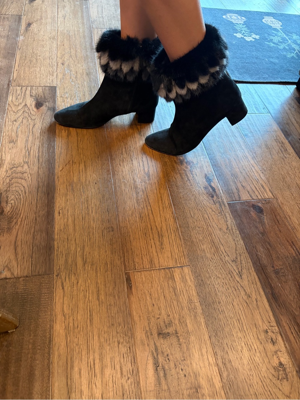 Manolo Blahnik Black Suede Fur Trim Ankle Boots